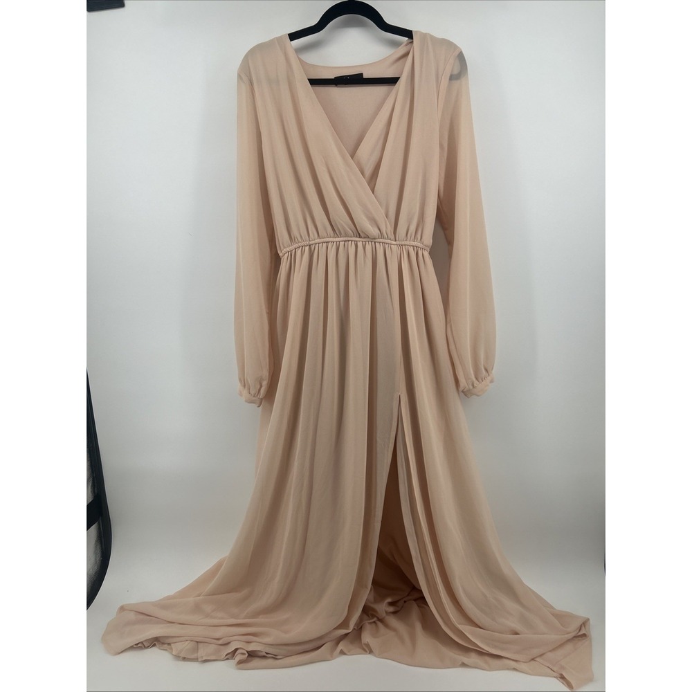 Lulus Wondrous Water Lilies Blush Pink Chiffon Long Sleeve Maxi Dress Sz Medium